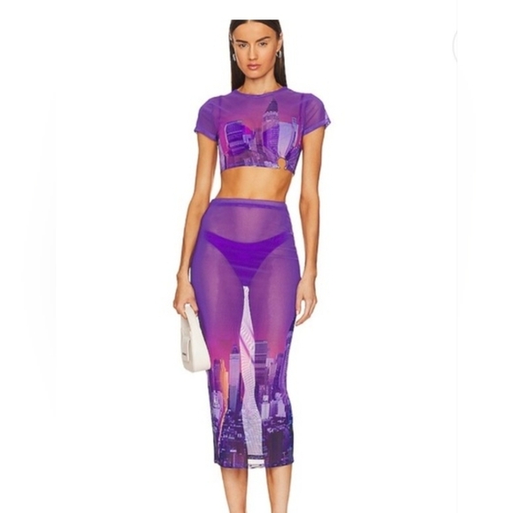 REVOLVE Pants - Lovewave Swim Cover Set Purple Cityscape Mesh Two-Piece Set Size Small